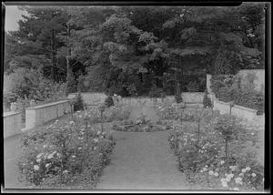 Rose garden of Mrs. Holden McGinley from terrace, fountain playing