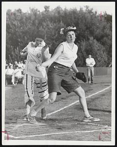 Heel and Toe Step-Hobo Peggy Bertiletti misses by inches as she is forced at home by a throw to Snobs Catcher Doris Jaquith. Snobs were quick to place credit for their victory to the fact they didn’t have a trainer. They had a maid.