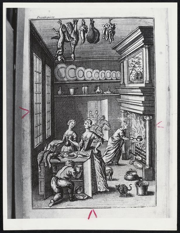 Chaos In Kitchen with animals overhead and underfoot was a bit more complete in the days before refrigeration. Illustration is from “The Complete Housewife,” published in 1739.