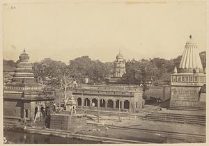 View of temples on Ganapati Ghat, including Dholya Ganpati, Wai, India