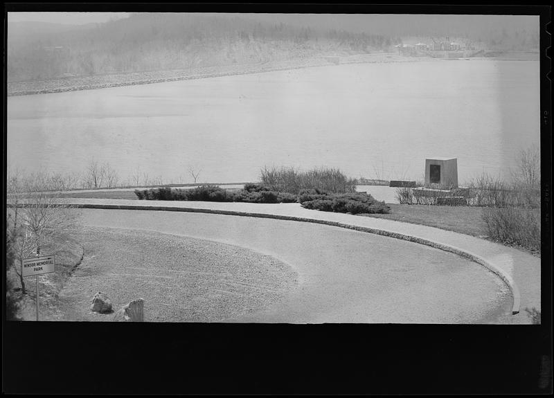 Winsor Memorial on westerly side of Administration Road looking southwesterly toward Winsor Dam and Administration Buildings, Quabbin Reservoir, Mass., ca. 1946