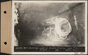 Contract No. 14, East Portion, Wachusett-Coldbrook Tunnel, West Boylston, Holden, Rutland, jumbo drill carriage used at Shafts 2 and 4, Holden, Mass., Jun. 15, 1930