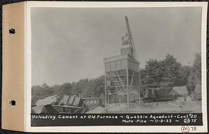 Contract No. 20, Coldbrook-Swift Tunnel, Barre, Hardwick, Greenwich, unloading cement at Old Furnace, Quabbin Aqueduct, Hardwick, Mass., Nov. 9, 1933