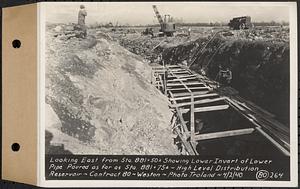 Contract No. 80, High Level Distribution Reservoir, Weston, looking east from Sta. 881+50+/- showing lower invert of lower pipe poured as far as Sta. 881+75+/-, high level distribution reservoir, Weston, Mass., Apr. 2, 1940