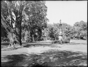 The Old Manse surrounded by old trees and monument, Main Street, Old Deerfield, Mass.