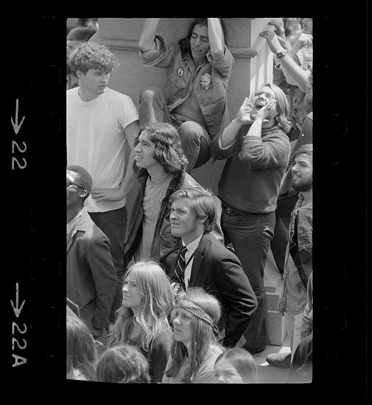 Kent State shootings demonstration: Shouting demonstrators, State House, Boston Common