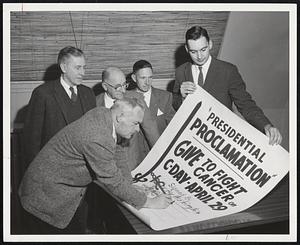 These Men, each named after the president of the United States, sign proclamation tomorrow C-Day. They are urging support of tomorrow's house-to-house Crusade Night of the Massachusetts Division of the American Cancer Society. Signing is John Quincy Adams, Needham. Others waiting to sign, left to right, Warren G. Harding, South Braintree; George Washington, West Roxbury; Andrew Jackson, Woburn; and James Monroe, Quincy.