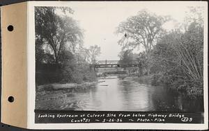 Contract No. 51, East Branch Baffle, Site of Quabbin Reservoir, Greenwich, Hardwick, looking upstream at culvert site from below highway bridge, Hardwick, Mass., May 26, 1936