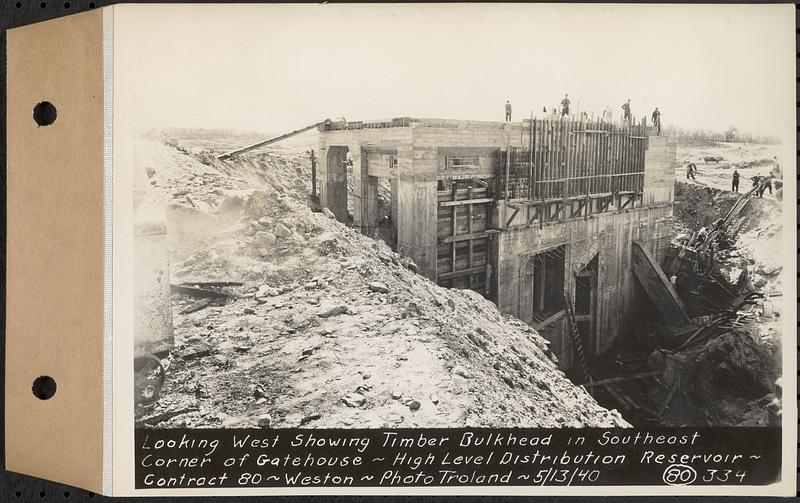 Contract No. 80, High Level Distribution Reservoir, Weston, looking west showing timber bulkhead in southeast corner of gatehouse, high level distribution reservoir, Weston, Mass., May 13, 1940