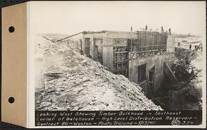 Contract No. 80, High Level Distribution Reservoir, Weston, looking west showing timber bulkhead in southeast corner of gatehouse, high level distribution reservoir, Weston, Mass., May 13, 1940