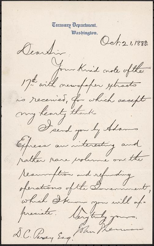 Letter from John Sherman, Washington, to Darwin C. Pavey, 1880 October 22