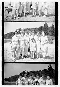 Group portraits near pond or beach including Maude Sanromá