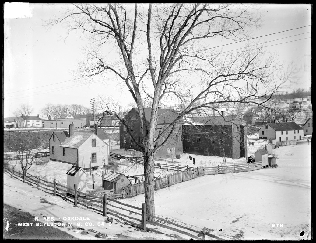 Wachusett Reservoir, West Boylston Manufacturing Company's houses, on the south side of Holden Street, just east of overhead of Worcester, Nashua & Portland Railroad, from the southwest on Worcester, Nashua & Portland Railroad tracks, Oakdale, West Boylston, Mass., Dec. 28, 1896