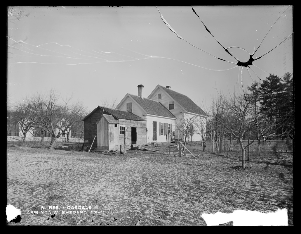 Wachusett Reservoir, Arminda W. Shepard's house, on the west side of Newton Street, from the west in yard, Oakdale, West Boylston, Mass., Jan. 13, 1897