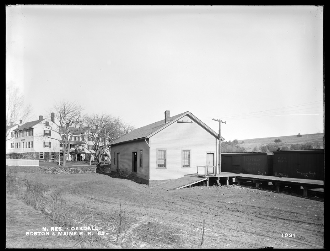 Wachusett Reservoir, Boston & Maine Railroad's freight house, on the east side of North Main Street, nearly opposite May Street, from the south, Oakdale, West Boylston, Mass., Jan. 13, 1897