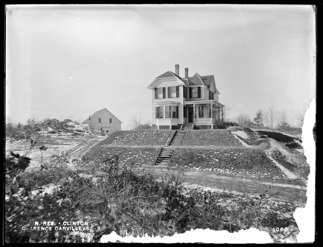 Wachusett Reservoir, Clarence Carville's house and barn, near the west side of the road, from the east, Clinton, Mass., Jan. 22, 1897