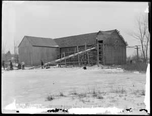 Wachusett Reservoir, Daniel W. Carville's icehouse, on the east side of the road, from the north on the ice, near the west side of pond, Clinton, Mass., Jan. 27, 1897
