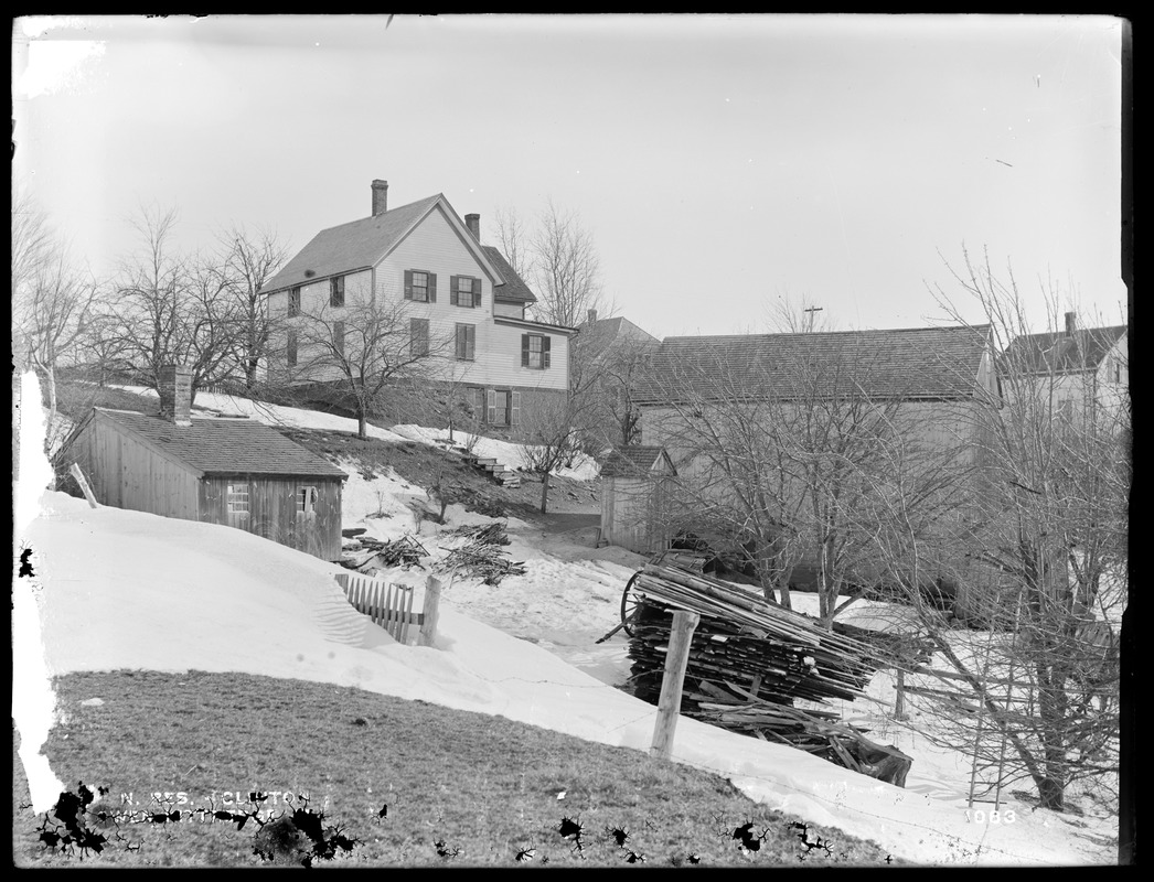 Wachusett Reservoir, Owen Kittredge's house and barn, on the west side of Main Street, from the north in field, Clinton, Mass., Feb. 11, 1897