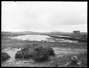 Sudbury Reservoir, Section M, northeastern part, showing division line (dike) between Sections M and O on the right, from the south, Marlborough, Mass., Mar. 26, 1897