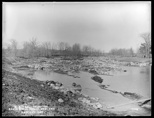 Wachusett Aqueduct, upper (west) end of Sawin's mill pond, Section 11, from the east, on the south bank; showing island and rock excavation, Southborough, Mass., Mar. 29, 1897