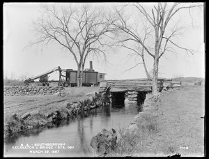 Wachusett Aqueduct, bridge near Charles L. Johnson's, and excavator, Section 11, station 584, from the southeast, Southborough, Mass., Mar. 29, 1897