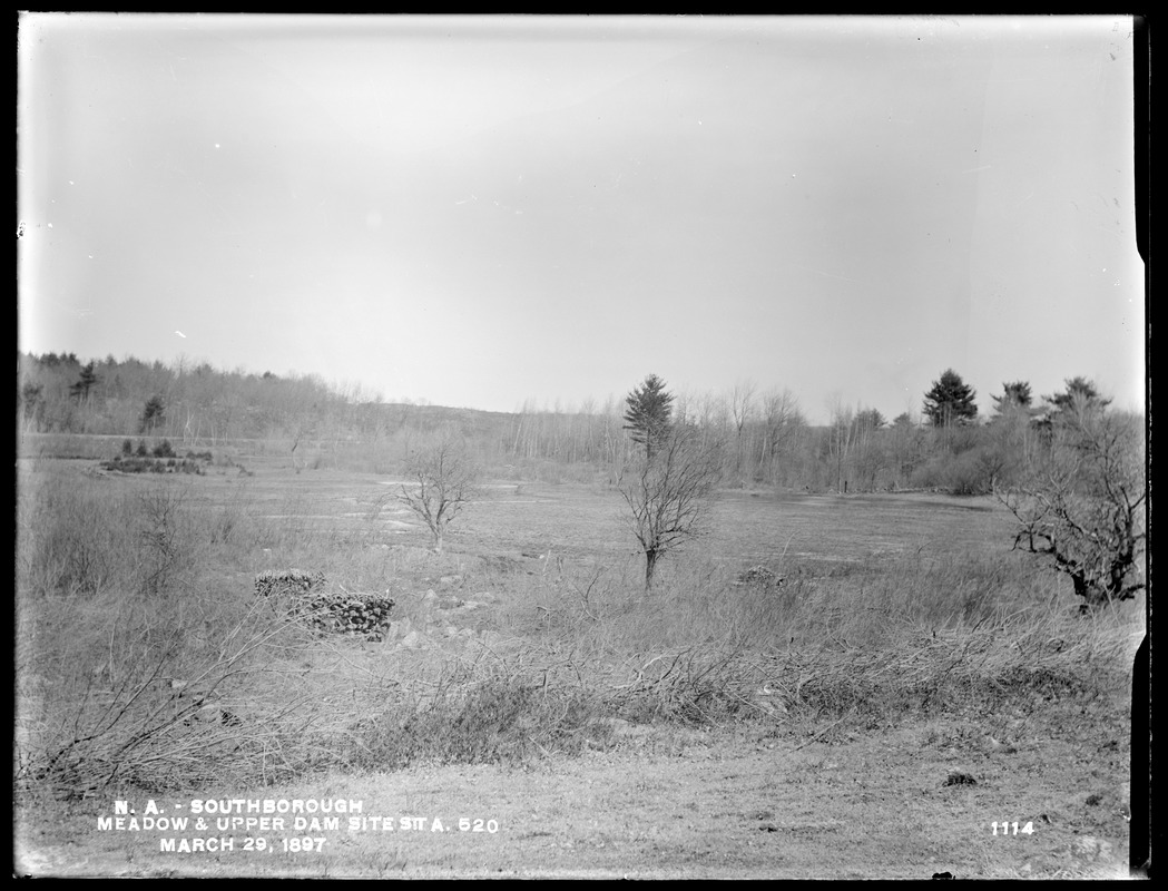 Wachusett Aqueduct, meadow and under dam site, Section 11, station 520, from the southwest, Southborough, Mass., Mar. 29, 1897