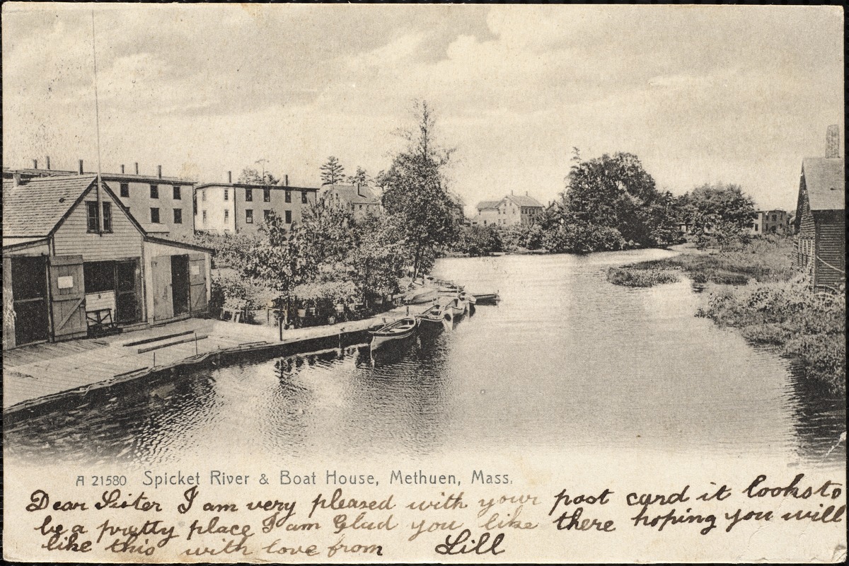 Spicket River & boat house, Methuen, Mass.