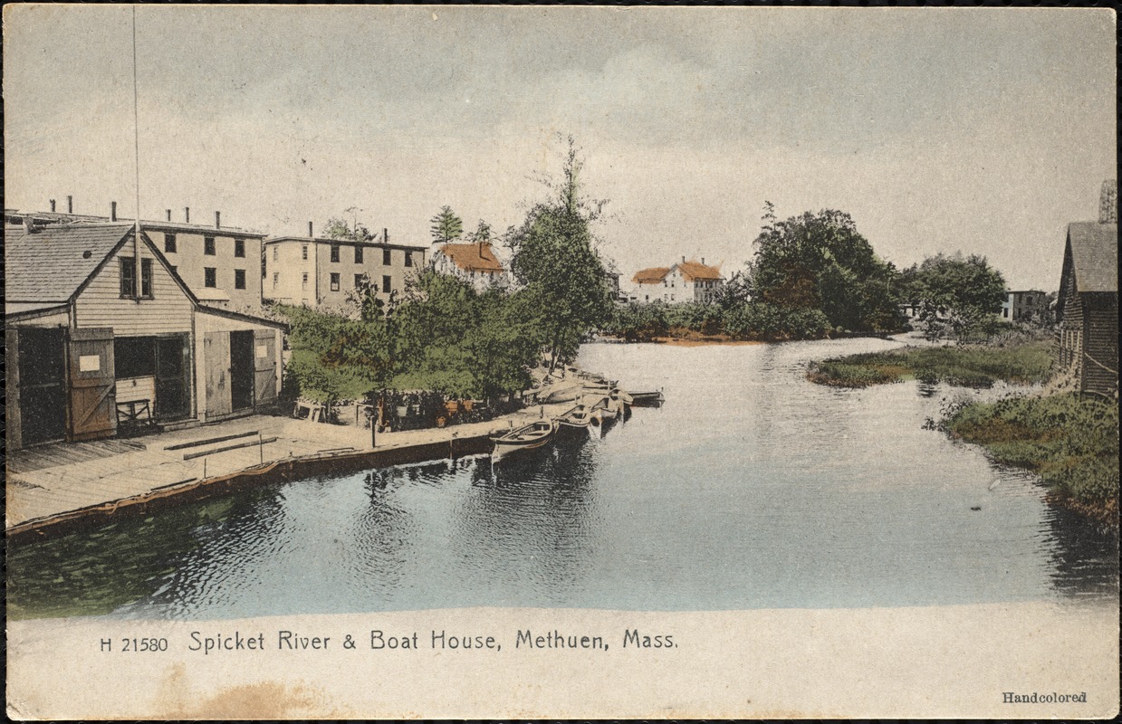 Spicket River & boat house, Methuen, Mass.