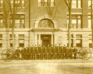 American Optical Company Firemen in front of the main entrance on Mechanic Street, Southbridge