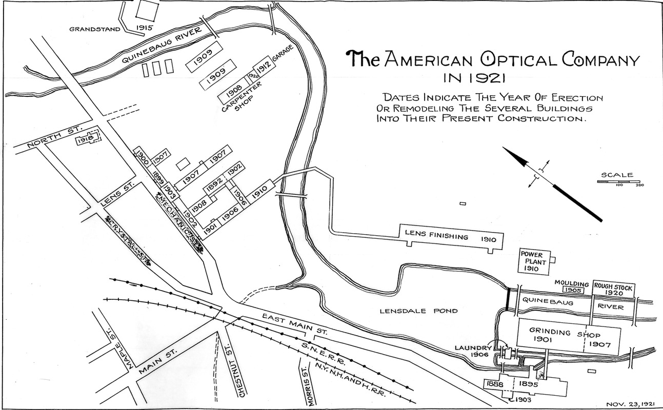 American Optical Company in 1921 campus map: dates indicate the year of erection or remodeling the several buildings into their present construction