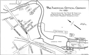 American Optical Company in 1921 campus map: dates indicate the year of erection or remodeling the several buildings into their present construction