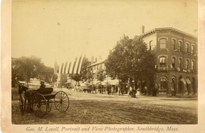 Southbridge Universalist church to Hartwell building and north side of Main street with horse drawn carriage