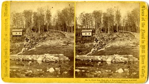 View from east side of reservoir bed, showing west wall and gatekeeper's house, Williamsburg, Mass., after the 1874 Mill River Disaster