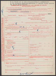 Sacco-Vanzetti Case Records, 1920-1928. Defense Papers. Death certificate of Theadore Thomas Whitney, Correction of Certificate and Record of Death Division of Vital Statistics, New York State Dept. of Health re: Theadore (sic) Thomas Whitney, 1906. Box 12, Folder 6, Harvard Law School Library, Historical & Special Collections