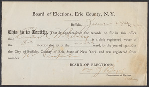 Sacco-Vanzetti Case Records, 1920-1928. Defense Papers. Erie County, N.Y. Voter registration certification for Erastus Whitney, 1907. Box 12, Folder 8, Harvard Law School Library, Historical & Special Collections