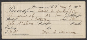 Sacco-Vanzetti Case Records, 1920-1928. Defense Papers. Receipt to Carlos E. Goodridge for rental of cottage from Mrs. A. Hanson, May 9, 1914. Box 12, Folder 11, Harvard Law School Library, Historical & Special Collections