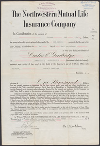 Sacco-Vanzetti Case Records, 1920-1928. Defense Papers. Northwestern Mutual Life Insurance Co. Whole Life Policy for Carlos E. Goodridge, April 6, 1916. Box 12, Folder 12, Harvard Law School Library, Historical & Special Collections