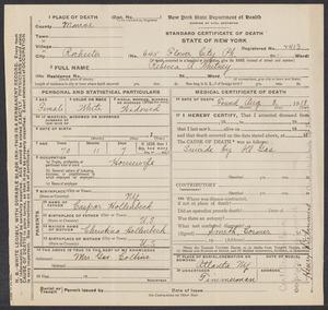 Sacco-Vanzetti Case Records, 1920-1928. Defense Papers. Death certificate of Rebecca A. Whitney August 8, 1918. Box 12, Folder 13, Harvard Law School Library, Historical & Special Collections