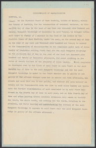 Sacco-Vanzetti Case Records, 1920-1928. Defense Papers. District Court of East Norfolk Commonwealth on Complaint of Alice Landry vs. Margaret Goodridge. Copy of Judgment (Mrs. Goodridge was fined for stealing clothing of the value of twenty dollars from Mrs. Landry), June 1920. Box 12, Folder 15, Harvard Law School Library, Historical & Special Collections