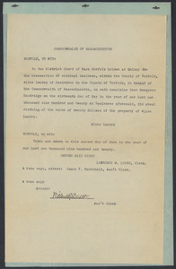 Sacco-Vanzetti Case Records, 1920-1928. Defense Papers. District Court of East Norfolk, Complaint of Alice Landry vs. Margaret Goodridge, June 2, 1920. Box 12, Folder 16, Harvard Law School Library, Historical & Special Collections