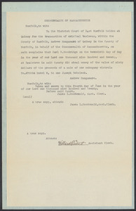 Sacco-Vanzetti Case Records, 1920-1928. Defense Papers. Norfolk Superior Court, Copy of Complaint in Commonwealth vs. Carl E. Goodridge. (Andrew Manganaro complains "that Carl E. Goodridge...did steal money of the value of sixty dollars of the proceeds of a sale of one mahogany victrola...to one Joseph Boboleck,") June 4, 1920. Box 12, Folder 18, Harvard Law School Library, Historical & Special Collections