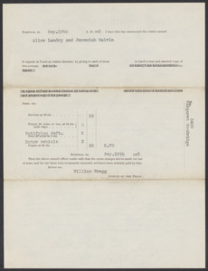 Sacco-Vanzetti Case Records, 1920-1928. Defense Papers. Massachusetts Superior Court, Summons to Alice Landry and Jeremiah Galvin to testify in the case of Margaret Goodridge, September 10, 1920. Box 12, Folder 24, Harvard Law School Library, Historical & Special Collections