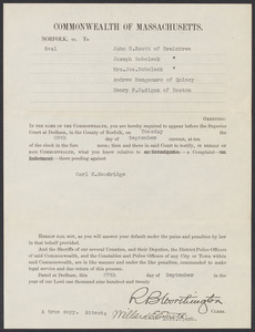 Sacco-Vanzetti Case Records, 1920-1928. Defense Papers. Massachusetts Superior Court Summons to John H. Scott, Joseph Boboleck, Mrs. Jos. Boboleck, Andrew Manganaro, and Henry P. Cadigan to testify as to a complaint against Carl E. Goodridge, September 27, 1920. Box 12, Folder 27, Harvard Law School Library, Historical & Special Collections