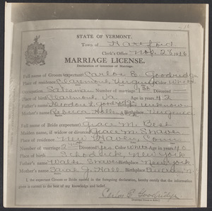 Sacco-Vanzetti Case Records, 1920-1928. Defense Papers. Photostats of Marriage license, November 28, 1916. Box 12, Folder 46, Harvard Law School Library, Historical & Special Collections