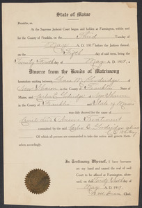 Sacco-Vanzetti Case Records, 1920-1928. Defense Papers. Certificate of Divorce, May 26, 1919. Box 12, Folder 48, Harvard Law School Library, Historical & Special Collections