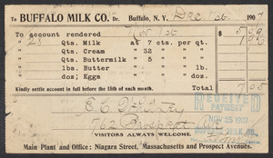 Sacco-Vanzetti Case Records, 1920-1928. Defense Papers. Goodridge Memorabilia: Receipt to E. C. Whitney from Buffalo Milk Co., December 1, 1907. Box 12, Folder 53, Harvard Law School Library, Historical & Special Collections