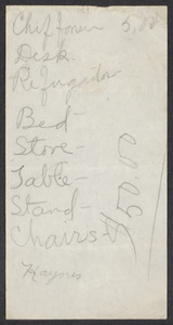 Sacco-Vanzetti Case Records, 1920-1928. Defense Papers. Goodridge Memorabilia: List sent to Mrs. Alice Haynes; lists furniture and other objects, October 20, 1921. Box 12, Folder 59, Harvard Law School Library, Historical & Special Collections