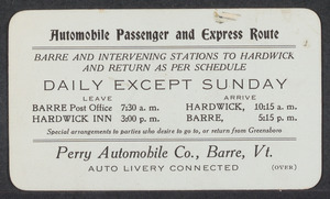 Sacco-Vanzetti Case Records, 1920-1928. Defense Papers. Goodridge Memorabilia: Business card from Perry Automobile Co., Barre, VT, n.d. Box 12, Folder 63, Harvard Law School Library, Historical & Special Collections