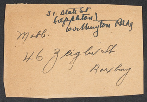Sacco-Vanzetti Case Records, 1920-1928. Defense Papers. Goodridge Memorabilia: Slip of paper containing address of "Mable," n.d. Box 12, Folder 69, Harvard Law School Library, Historical & Special Collections