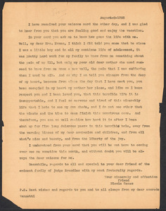 Sacco-Vanzetti Case Records, 1920-1928. Correspondence. Nicola Sacco to Mrs. Elizabeth Evans, August 2, 1925. Box 38, Folder 10, Harvard Law School Library, Historical & Special Collections